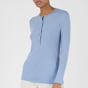 Sunspel Light Blue Ribbed Long Sleeve Knitted Henley Top Wool Silk Blend Sz XS